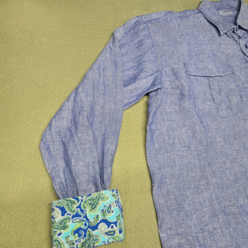 Visconti Uomo Mens Blue Linen Blend Button Down Shirt Paisley Cuff - Picture 6 of 16